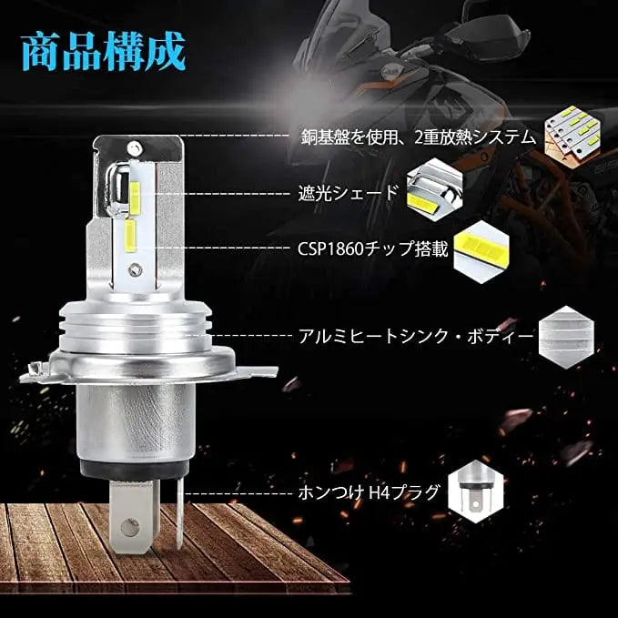 SUPAREE 汽车照明系统 バイク用 H4 ヘッド ランプ 車検対応 6500k 無極性LEDバルブ