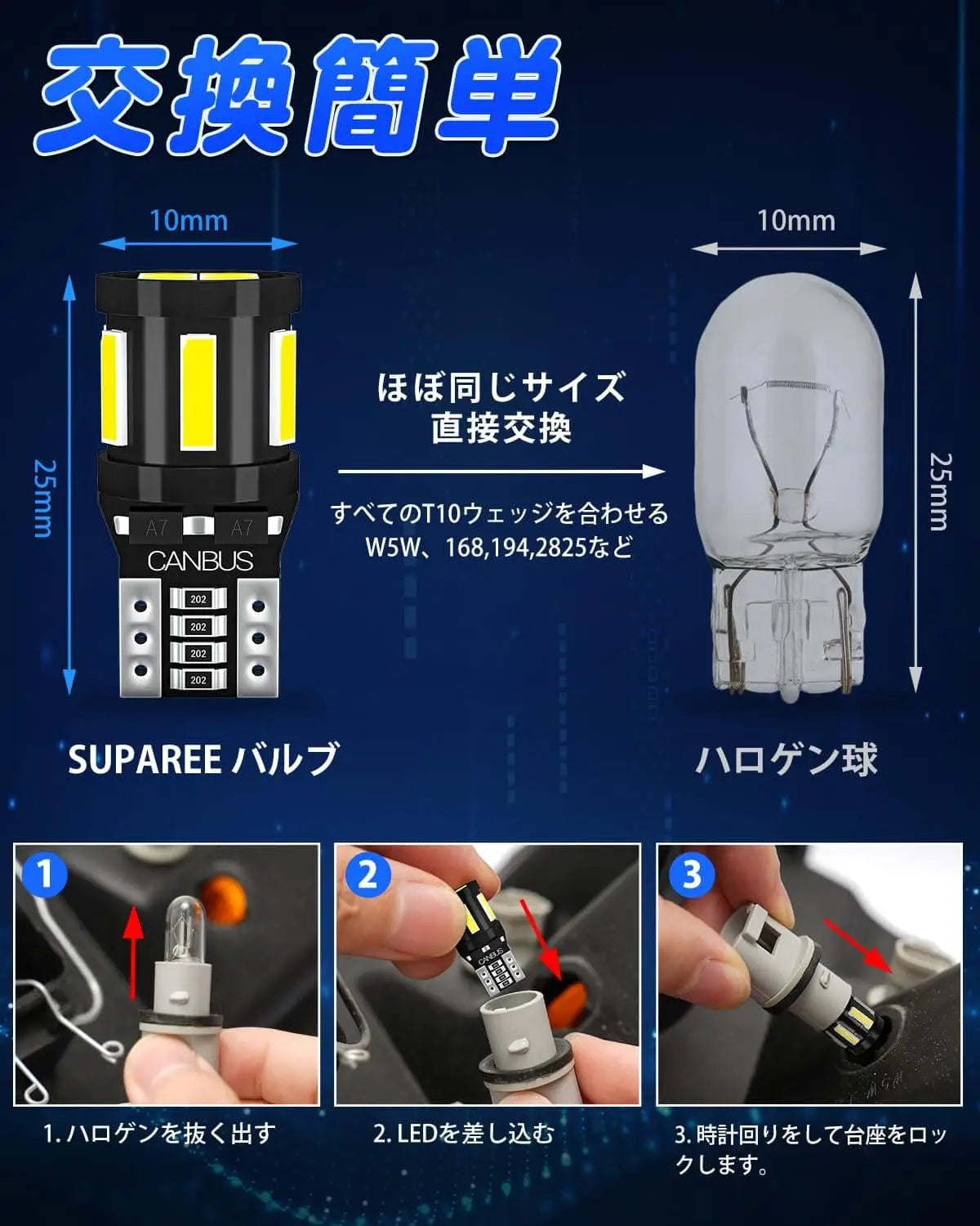 SUPAREE 汽车照明系统 T10 ポジションランプ 爆光 ホワイト 2個 キャンセラー内蔵
