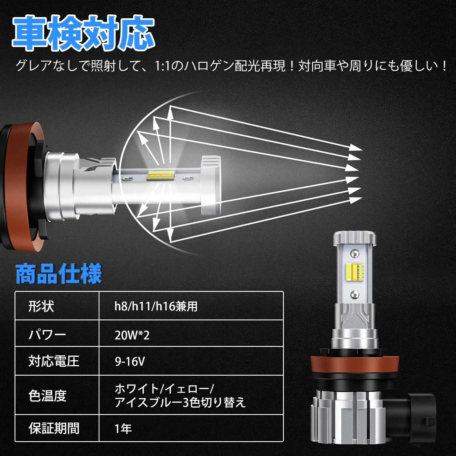 SUPAREE 汽车照明系统 ホワイト/イエロー/アイスブルー H8 H11 H16 led フォグ ３色切り替え  車検対応 DC12V フォグランプ