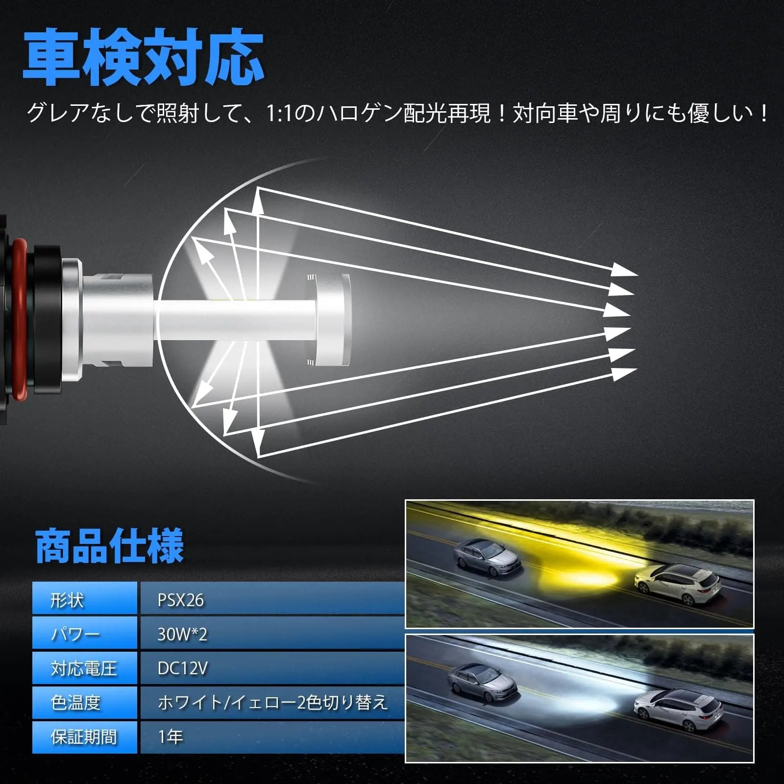 PSX24W LED フォグランプ 2色切替 メモリー機能 2重防水防結露 12000lm 車検対応 フォグ